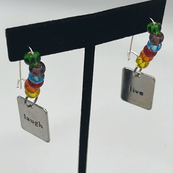 Silver-tone 1 7/8 Dangling Live Laugh Charm with Rainbow Beaded Earrings - Picture 4 of 10